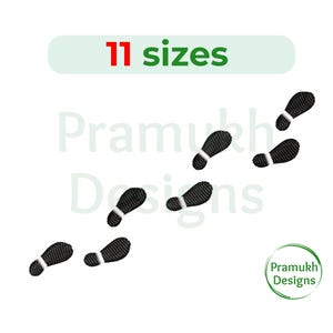May include: A set of black and white footprints with a white outline. The footprints are arranged in a diagonal line. The text "11 sizes" is at the top of the image.