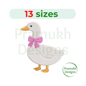 May include: A white goose embroidery design with a pink bow, orange beak and feet. The text "13 sizes" is above the goose. The design is from Pramukh Designs.