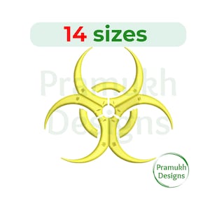 May include: A yellow biohazard symbol with a three-lobed design. Above the symbol, a light green rectangular label displays the red and green text 14 sizes. A circular green logo in the bottom right corner contains the text Pramukh Designs.