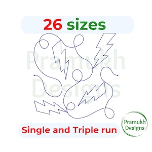 Op de afbeelding: Een digitaal ontwerp met vier blauwe bliksemschichten met een enkele en drievoudige steek. Het ontwerp is verkrijgbaar in 26 maten. De tekst "26 maten" is in rood en groen. De tekst "Enkele en drievoudige steek" is in rood. De tekst " Pramukh Designs" is in groen.