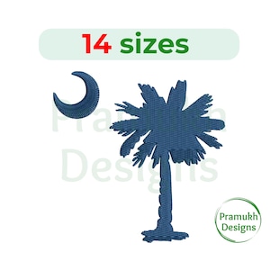 May include: Blue embroidery design of the South Carolina state flag, featuring a palmetto tree and a crescent moon. The design is available in 14 sizes.