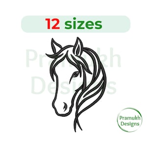 Könnte beinhalten: Schwarz-weiß-Linienkunst-Illustration eines Pferdekopfes. Das Pferd hat eine lange Mähne und einen fließenden Schweif. Das Bild trägt den Titel "12 Größen".