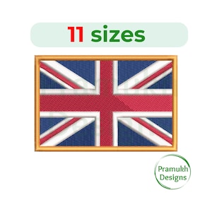Op de afbeelding: Een geborduurde rechthoekige patch met de Union Jack vlag in rood, wit en blauw, omlijst door een dunne gouden rand. Boven de vlag staat de tekst 11 sizes. Een cirkelvormig logo in de rechterbenedenhoek toont Pramukh Designs.