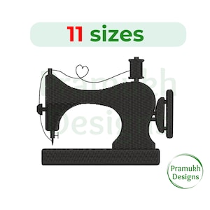 May include: Black and white silhouette of a sewing machine with a heart-shaped thread loop. The image includes the text "11 sizes".