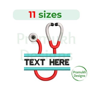 May include: Red and white embroidered stethoscope with a black outline. The stethoscope is split in half by two turquoise lines with the text "TEXT HERE" in black.