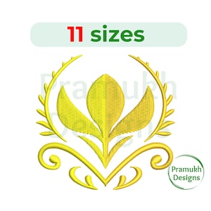 Puede incluir: Un diseño floral amarillo con una corona y remolinos. El diseño está disponible en 11 tamaños.