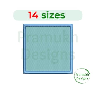 May include: A blue square embroidery design with a textured pattern inside. The design is surrounded by a thicker blue border. The text "14 sizes" is above the design.