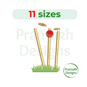 Może przedstawiać: Haftowany wzór bramki do krykieta z trzema słupkami, czerwoną piłką i dwoma  pałąkami. Wzór jest umieszczony na zielonym, trawiastym tle. Tekst "11 rozmiarów" jest wyświetlany nad wzorem.