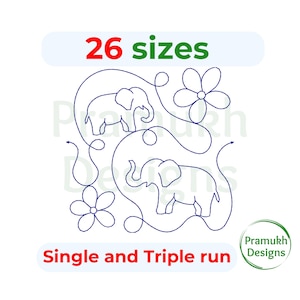 Könnte beinhalten: Ein digitales Stickmuster mit zwei Elefanten-Umrissen und zwei Blumen, die durch geschwungene Linien verbunden sind. Der Text 26 sizes steht oben und Single and Triple run unten. Ein kreisförmiges Logo zeigt Pramukh Designs.