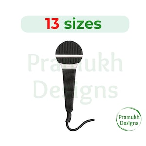 May include: Black and white microphone embroidery design with a cord. 13 sizes included.