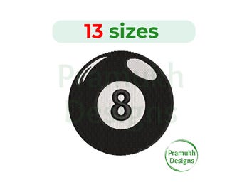 May include: An embroidered patch featuring a black billiard ball with a white circular centre and the number eight in black. The design includes white highlights and the text 13 sizes at the top and Pramukh Designs in a green circular logo.