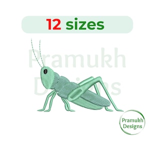 May include: A light green embroidered grasshopper design. The image includes the text "12 sizes" in red and green. The design is from Pramukh Designs.