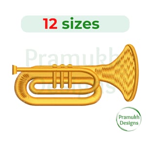 Puede incluir: Un diseño de bordado de trompeta de color dorado, disponible en 12 tamaños. El diseño es detallado y realista, con una apariencia texturizada.