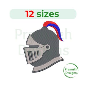May include: Embroidered design of a knight's helmet in shades of grey and silver, with a red and blue plume. The text "12 sizes" is above the helmet. The design is from Pramukh Designs.