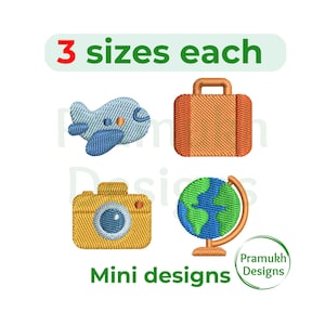 May include: Embroidered travel-themed mini designs, including a blue and white airplane, an orange suitcase, a yellow camera, and a globe. The text "3 sizes each" and "Mini designs" are also present.