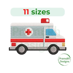 May include: White and red embroidered ambulance with a red cross on the side. The ambulance has blue windows and a red light on top. 11 sizes.
