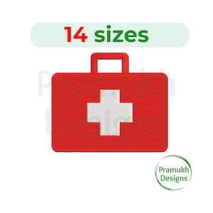 Puede incluir: Botiquín rojo con una cruz blanca. La imagen incluye el texto "14 tamaños" en verde encima del botiquín. Un logotipo circular con el texto "Pramukh Designs" está en la esquina inferior derecha.