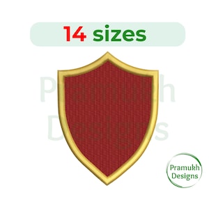 May include: A red shield with a gold border. The shield is a digital embroidery design available in 14 sizes.