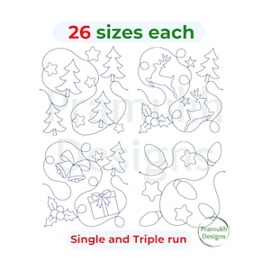 May include: A white background displays four sets of Christmas-themed line art designs in blue. The designs include Christmas trees, stars, reindeer, bells, gift boxes, holly, and string lights. Text at the top reads "26 sizes each" and "Single and Triple run" at the bottom.