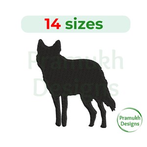 May include: Black silhouette of a wolf, standing with its tail curled, against a white background. The text "14 sizes" is above the wolf and the text " Pramukh Designs" is below the wolf.