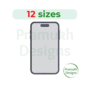 Könnte beinhalten: Ein schwarzes Smartphone mit einem grauen Bildschirm und einem kleinen schwarzen Kamerobjektiv oben. Der Text "12 Größen" befindet sich über dem Telefon und der Text "Pramukh Designs" unter dem Telefon.