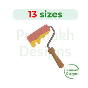 May include: A paint roller with a red and yellow handle. The roller is covered in yellow paint. The image includes the text "13 sizes".