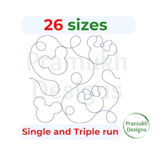 Peut inclure: Un motif de broderie numérique présentant un tracé continu avec des silhouettes en forme de souris et des nœuds. Le texte 26 sizes figure en haut et Single and Triple run en bas. Un logo Pramukh Designs est situé dans le coin inférieur droit.