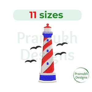 May include: Red and white striped lighthouse with a blue base and a white roof. There are five black birds flying around the lighthouse. The text "11 sizes" is at the top of the image.