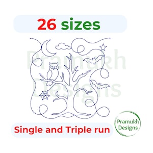 May include: A blue line art embroidery design featuring a central tree with an owl perched on a branch, a crescent moon, a star, two bats, and a spider web. The text 26 sizes and Single and Triple run is visible, along with the Pramukh Designs logo.