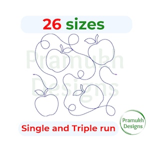 Pode incluir: Fundo branco com um desenho a traço azul de maçãs e caules. O texto "26 tamanhos" está em vermelho e verde. O texto "Single and Triple run" está em vermelho. O logotipo Pramukh Designs está no canto inferior direito.