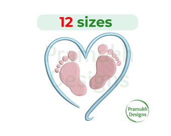 Baby Feet Embroidery Design (1.5–7.5 inch) – Mini Baby Feet with Heart, Silhouette, Machine Embroidery, Instant Download Digital File