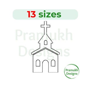 Puede incluir: Un dibujo en blanco y negro de un edificio de iglesia con una cruz en la parte superior. La iglesia tiene un techo puntiagudo, un campanario y dos ventanas. El texto "13 tamaños" está encima de la iglesia.