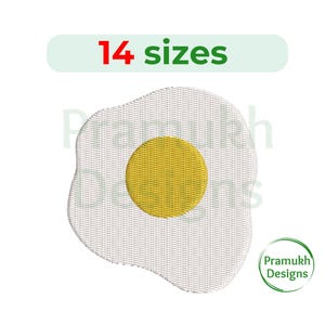 May include: White and yellow embroidery design of a fried egg. The design is available in 14 sizes.