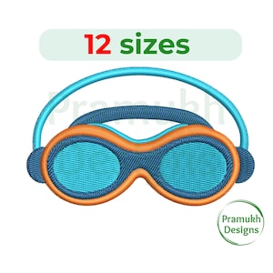 May include: Embroidered design of blue and orange swimming goggles with a blue headband. The design is available in 12 sizes.