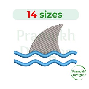 May include: A gray shark fin with a blue wave design. The image includes the text "14 sizes".