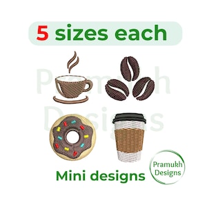 Könnte beinhalten: Ein Bild mit vier Mini-Designs: eine Kaffeetasse, drei Kaffeebohnen, ein Donut mit Streuseln und ein Coffee-to-go-Becher. Der Text "5 Größen je" und "Mini-Designs" sind ebenfalls vorhanden.