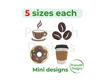 Puede incluir: Imagen con cuatro mini diseños: una taza de café, tres granos de café, una rosquilla con chispas y una taza de café para llevar. También está presente el texto "5 tamaños cada uno" y "Mini diseños".