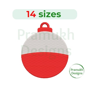 Könnte beinhalten: Roter und weißer Weihnachtsbaumschmuck mit einer Schlaufe oben. Der Schmuck ist kugelförmig und hat eine weiße Oberseite und eine rote Unterseite. Der Text "14 Größen" wird über dem Schmuck angezeigt.