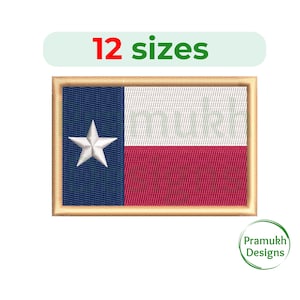 May include: Embroidered patch of the Texas state flag in 12 sizes. The flag is blue, white, and red with a white five-pointed star in the blue section.