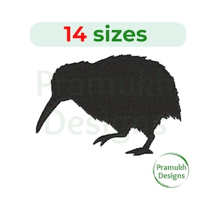May include: Black silhouette of a kiwi bird, a flightless bird native to New Zealand. The image is for embroidery and comes in 14 sizes.