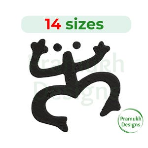 May include: Black embroidered design of a stylized figure with arms raised and legs bent. The text "14 sizes" is above the figure in green and red. A green circular logo with the text "Pramukh Designs" is in the lower right corner.