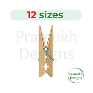 May include: A wooden clothespin with a silver metal spring. The text "12 sizes" is above the clothespin in red and green. The image also includes the text "Pramukh Designs" and a circular logo.