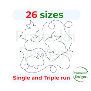 Könnte beinhalten: Ein digitales Stickmuster mit drei Hasen in einem durchgehenden Linienmuster. Das Design ist in 26 Größen erhältlich und kann mit einem einfachen oder dreifachen Stich gestickt werden. Der Text "Single and Triple run" befindet sich unter dem Design. Der Text "26 sizes" befindet sich über dem Design. Der Text "Pramukh Designs" befindet sich in einem Kreis unter dem Design.