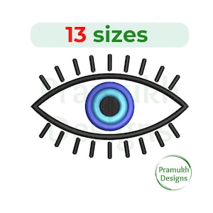 May include: A stylized eye design with a blue and turquoise iris, surrounded by a black outline and lashes. The text "13 sizes" is above the eye, and the "Pramukh Designs" logo is in the lower right corner.