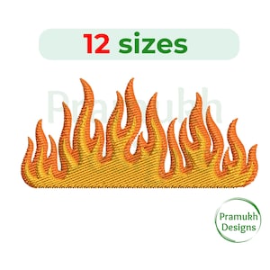 May include: Embroidered design of a flame with 12 sizes available. The flame is orange and yellow with a textured look.