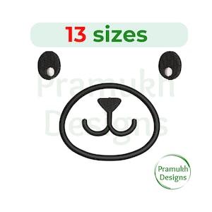 May include: Black and white embroidery design of a bear face with a nose and two eyes. The design is available in 13 sizes.