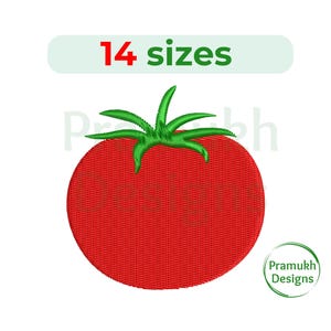 Puede incluir: Diseño de bordado de tomate rojo con hojas verdes. Incluye 14 tamaños.