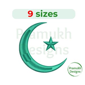 May include: Green crescent moon and star embroidery design.  9 sizes available.  The design is perfect for embroidery projects.