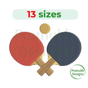 May include: Two crossed red and blue ping pong paddles with a yellow ball in the background. The text "13 sizes" is above the paddles and "Pramukh Designs" is below the paddles.