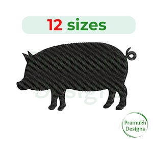 May include: Black silhouette of a pig, 12 sizes, embroidery design.